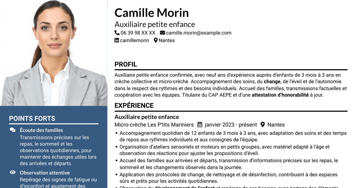 7 modèles de CV pour Auxiliaire petite enfance - Éveil et soins des 0-3 ans, avec exemples