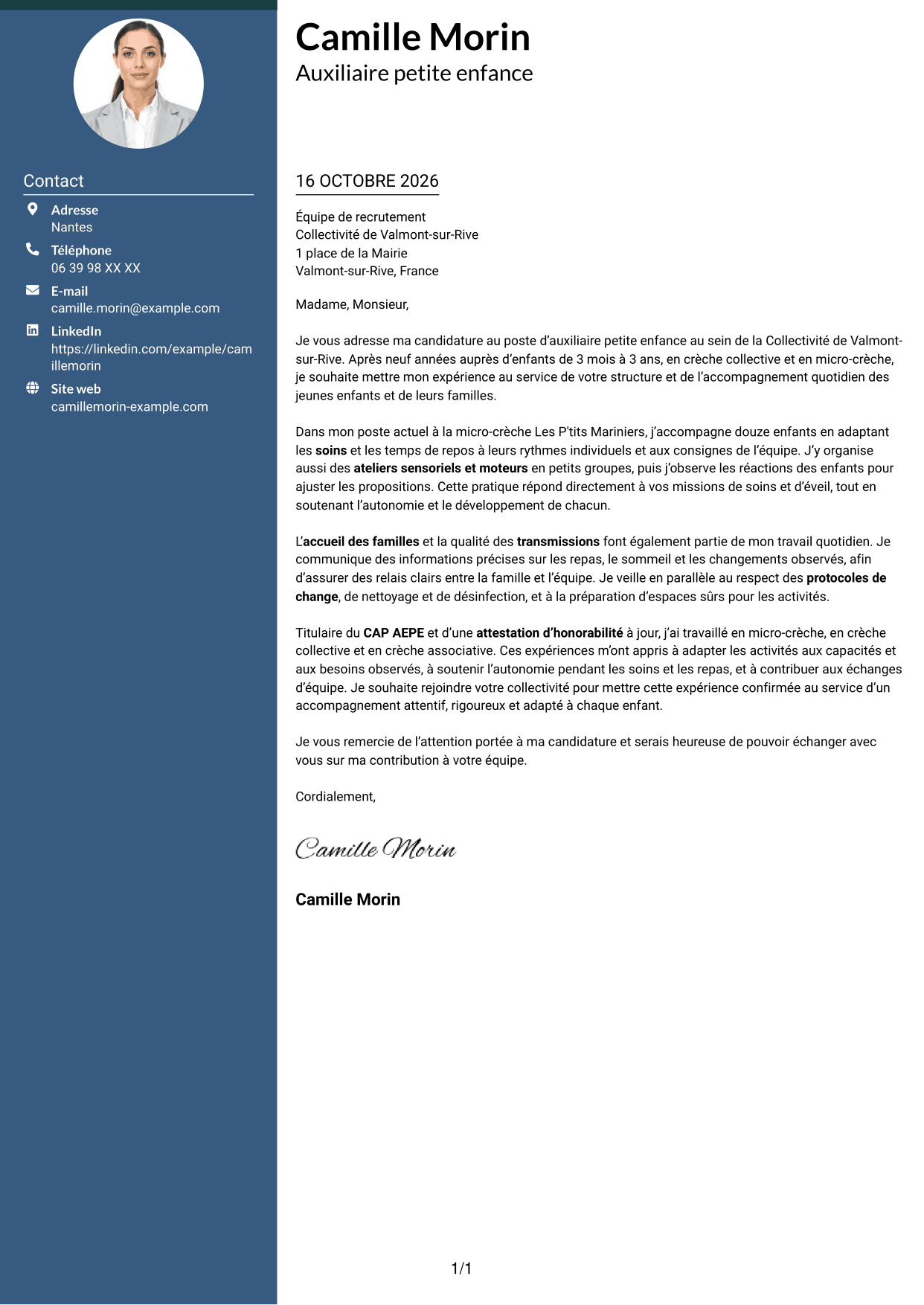 Lettre de motivation Élégant (format à colonne latérale colorée avec photo) : Auxiliaire petite enfance - Éveil et soins des 0-3 ans, page 1