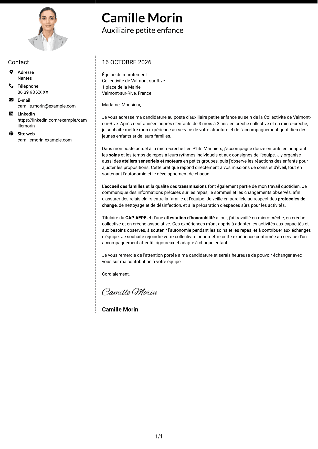 Lettre de motivation Moderne (format à deux colonnes avec photo à gauche et séparateur) : Auxiliaire petite enfance - Éveil et soins des 0-3 ans, page 1