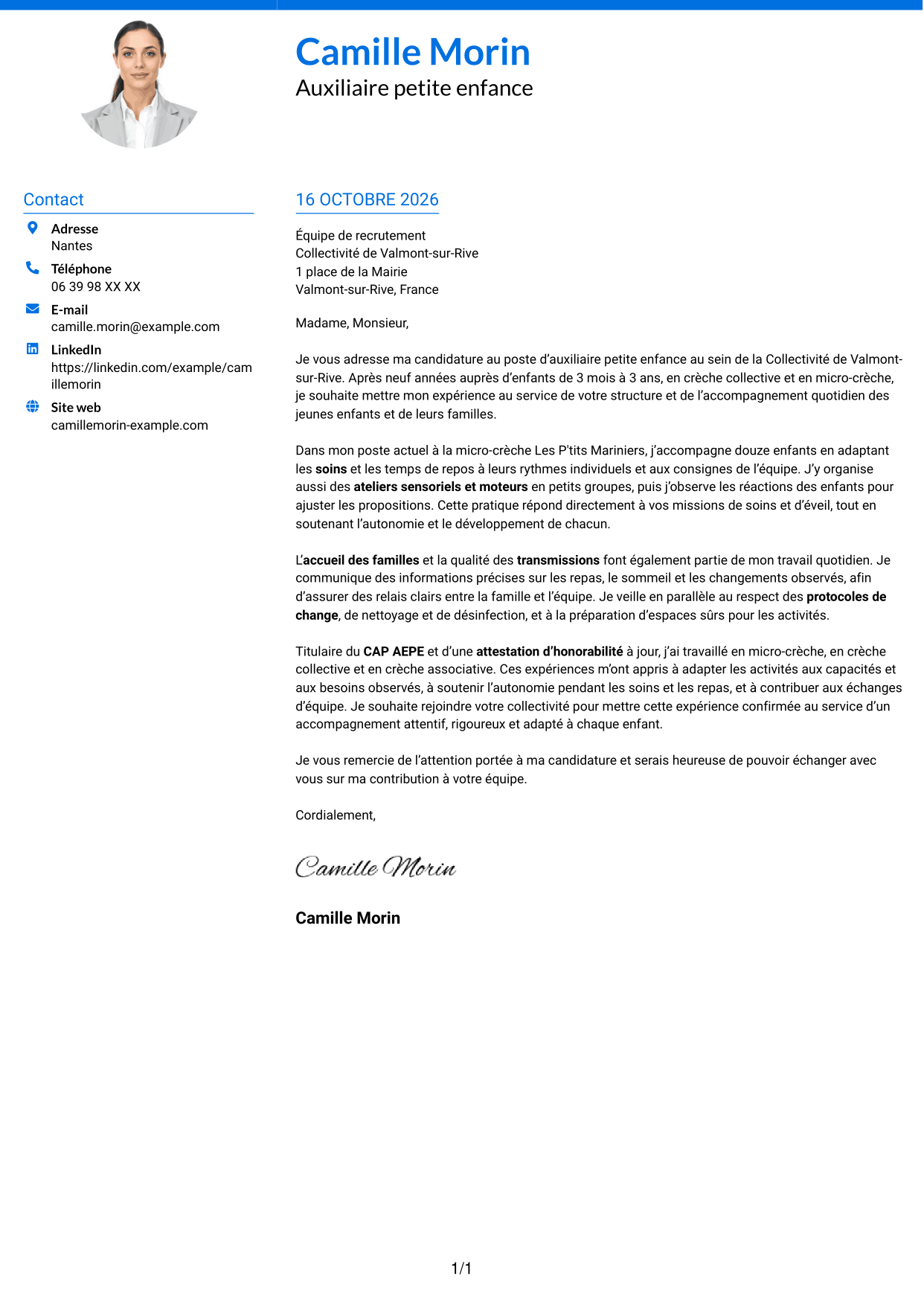 Lettre de motivation Audacieux (format à deux colonnes avec accents colorés et photo) : Auxiliaire petite enfance - Éveil et soins des 0-3 ans, page 1