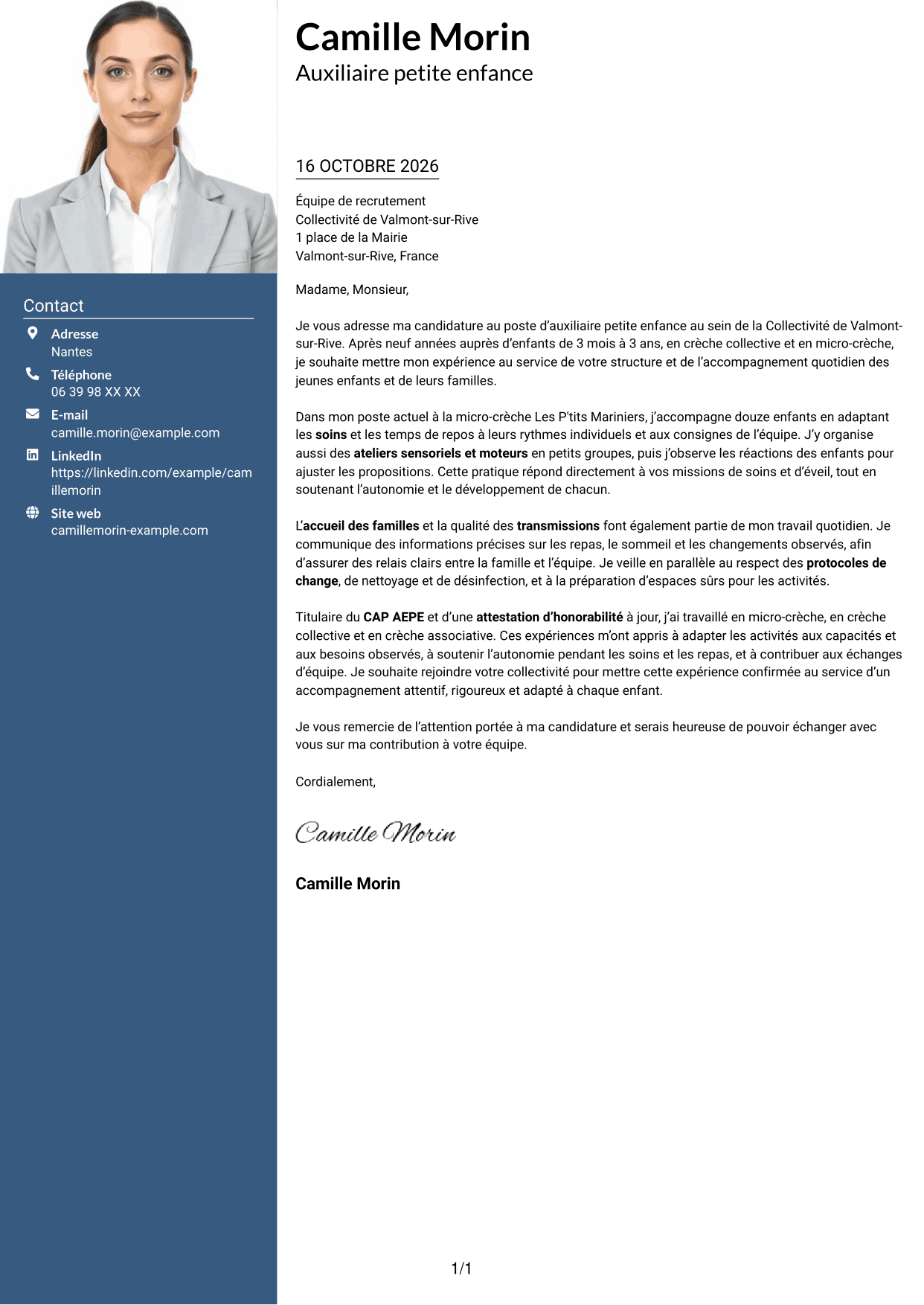Lettre de motivation Signature (format à colonne latérale colorée avec grande photo) : Auxiliaire petite enfance - Éveil et soins des 0-3 ans, page 1
