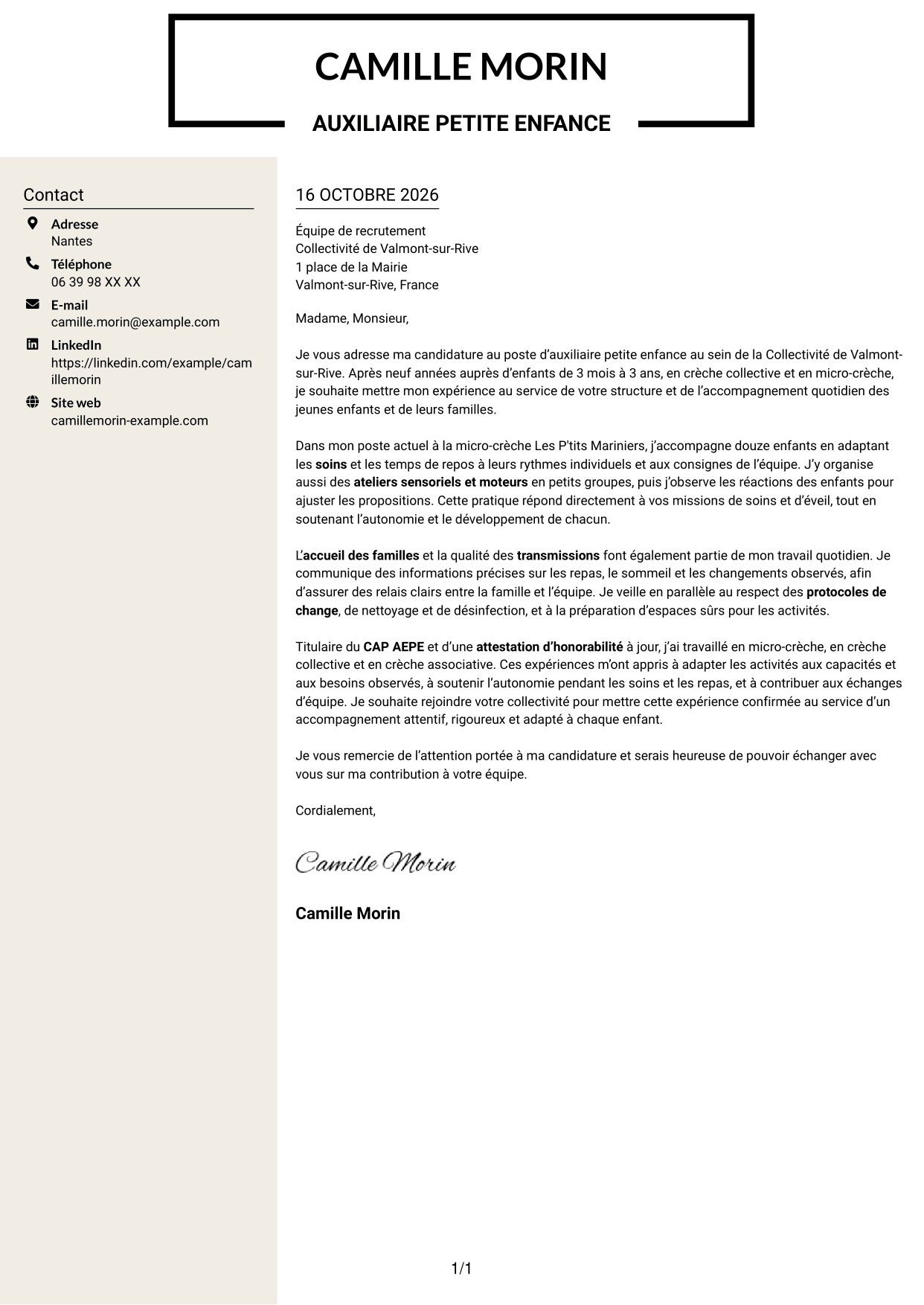 Lettre de motivation Fonceur (format à deux colonnes avec en-tête centré sans photo) : Auxiliaire petite enfance - Éveil et soins des 0-3 ans, page 1