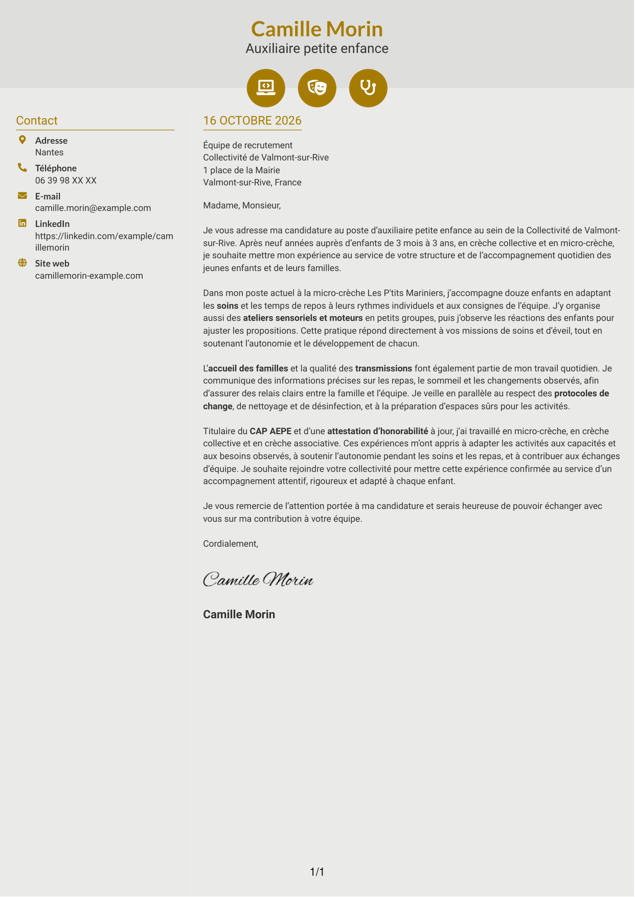 Lettre de motivation Dynamique (format à deux colonnes avec icônes) : Auxiliaire petite enfance - Éveil et soins des 0-3 ans, page 1