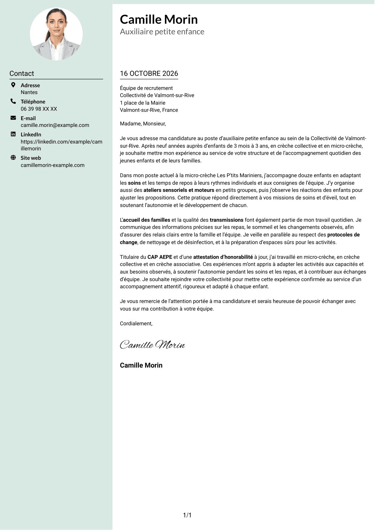 Lettre de motivation Cadre (format à colonne latérale douce avec photo arrondie) : Auxiliaire petite enfance - Éveil et soins des 0-3 ans, page 1