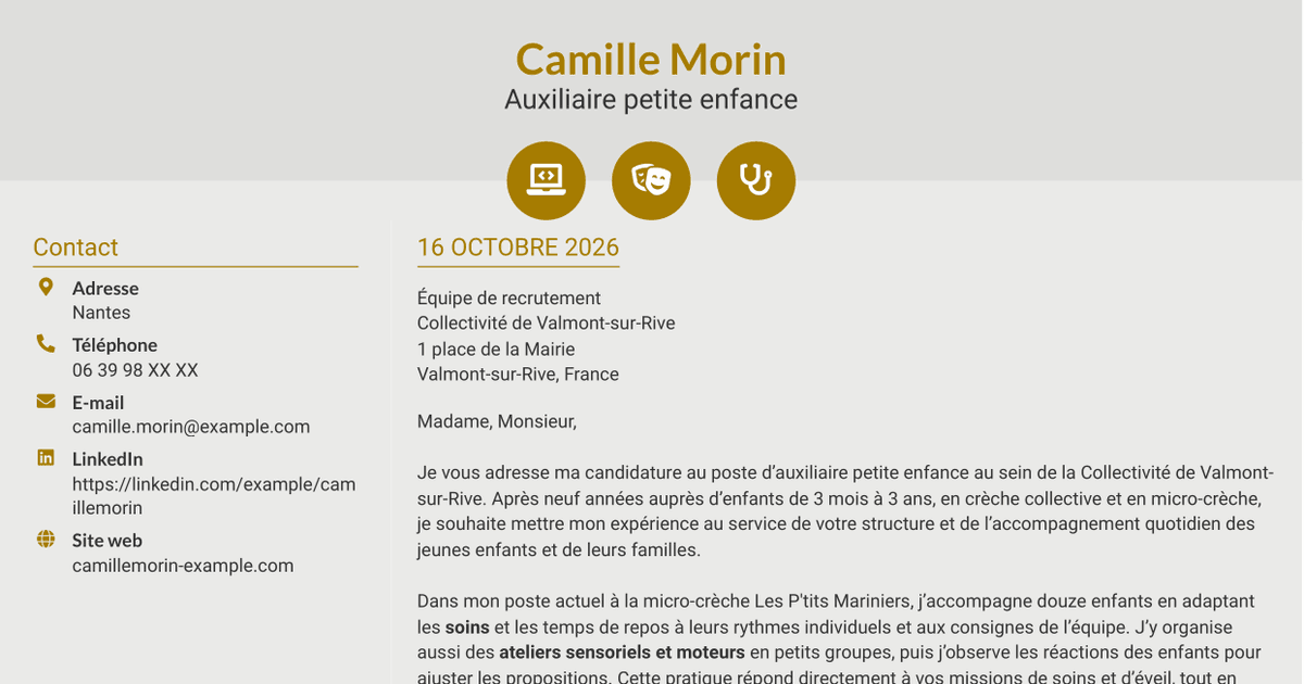 7 modèles de lettre de motivation pour Auxiliaire petite enfance - Éveil et soins des 0-3 ans, avec exemples