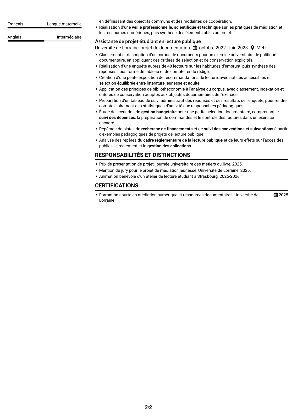 CV Compact (format sobre à deux colonnes avec photo) : Bibliothécaire - Lecture publique municipale, page 2