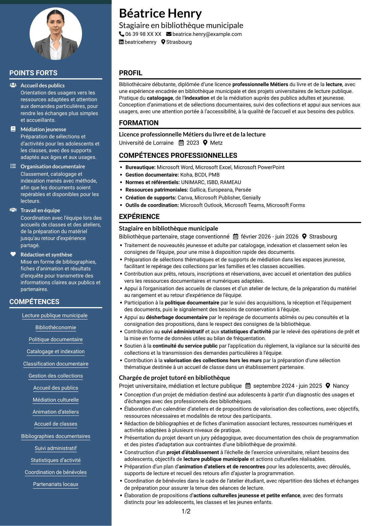 CV Élégant (format à colonne latérale colorée avec photo) : Bibliothécaire - Lecture publique municipale, page 1