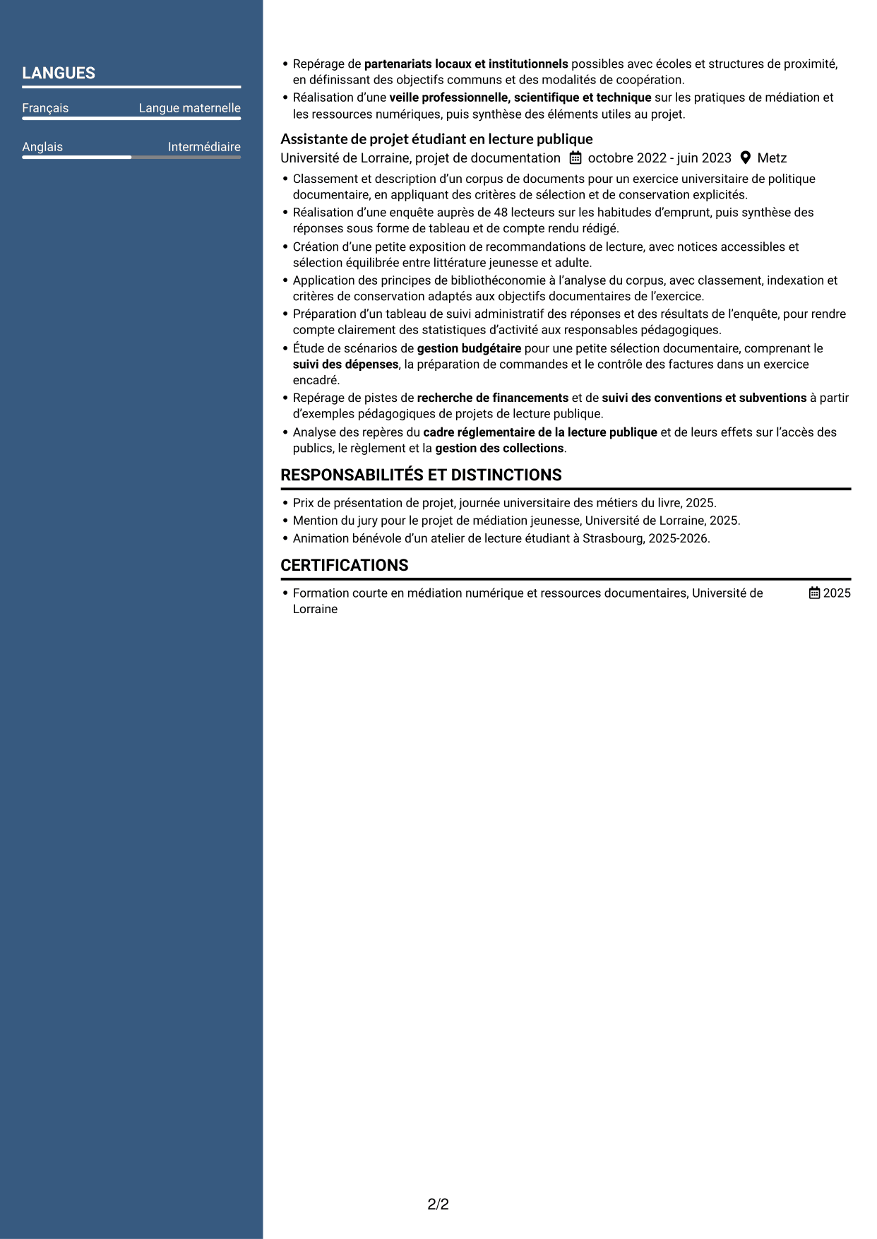 CV Élégant (format à colonne latérale colorée avec photo) : Bibliothécaire - Lecture publique municipale, page 2