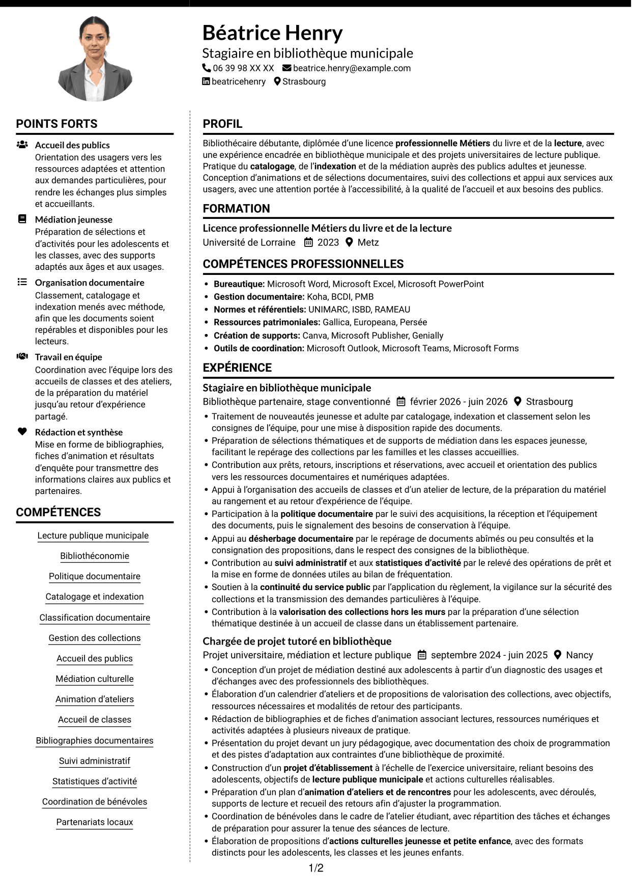 CV Moderne (format à deux colonnes avec photo à gauche et séparateur) : Bibliothécaire - Lecture publique municipale, page 1