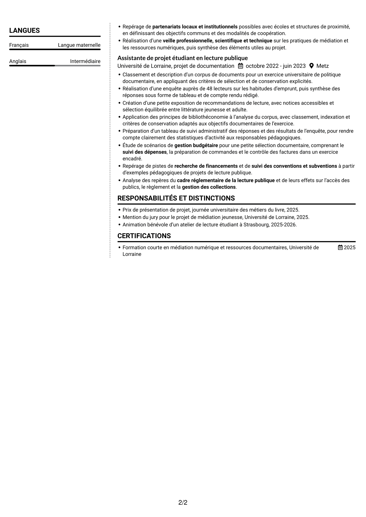 CV Moderne (format à deux colonnes avec photo à gauche et séparateur) : Bibliothécaire - Lecture publique municipale, page 2