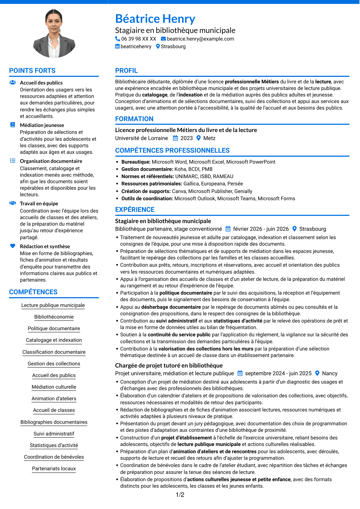 CV Audacieux (format à deux colonnes avec accents colorés et photo) : Bibliothécaire - Lecture publique municipale, page 1