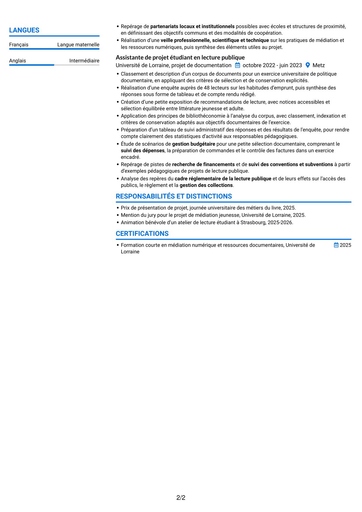 CV Audacieux (format à deux colonnes avec accents colorés et photo) : Bibliothécaire - Lecture publique municipale, page 2