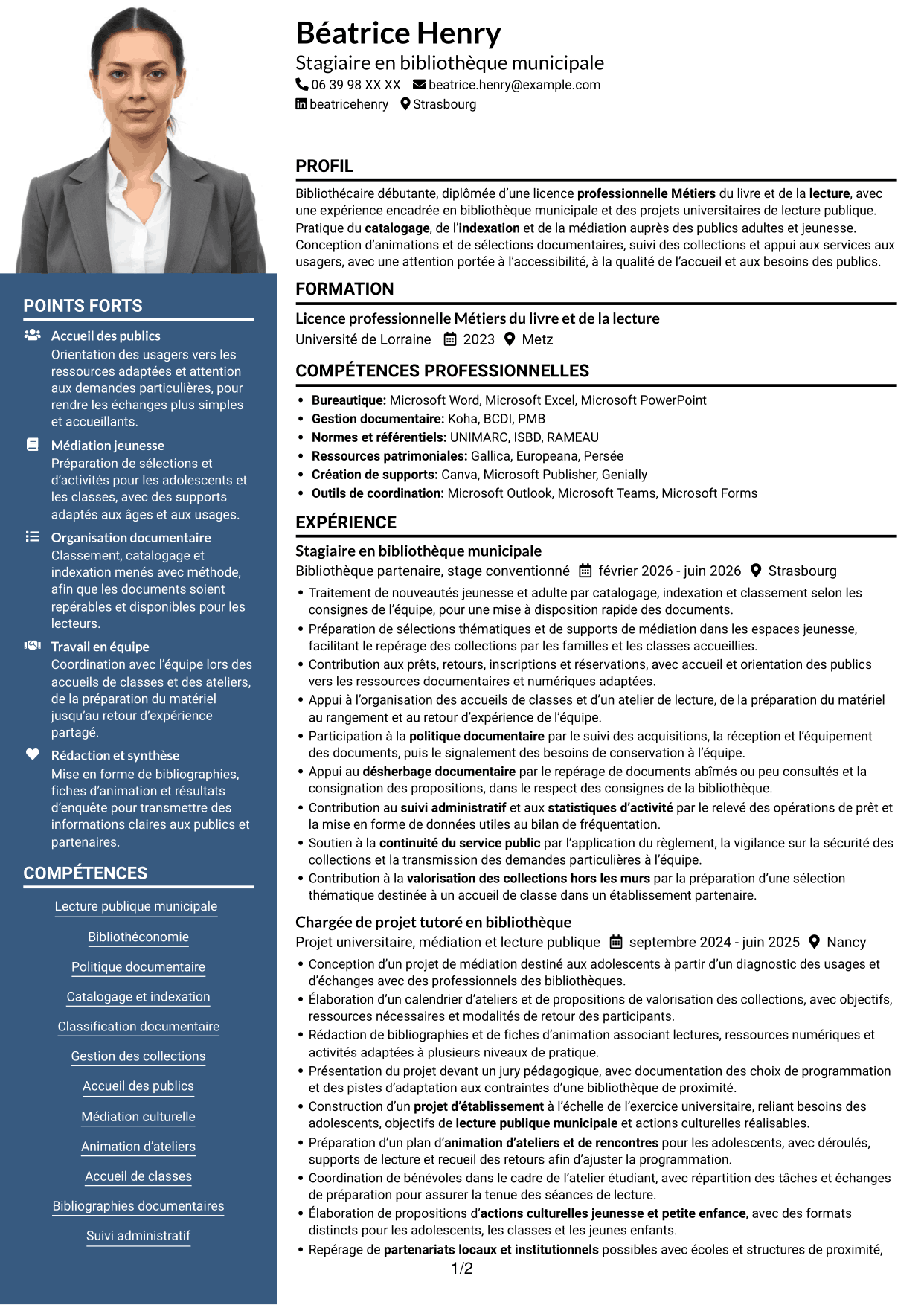 CV Signature (format à colonne latérale colorée avec grande photo) : Bibliothécaire - Lecture publique municipale, page 1