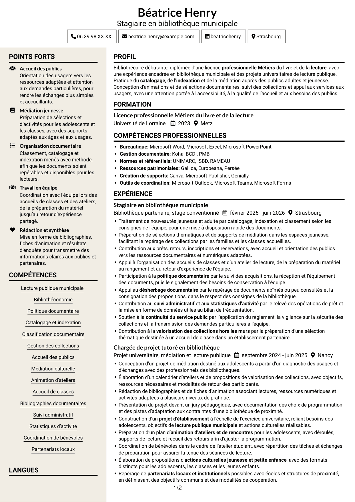 CV Fonceur (format à deux colonnes avec en-tête centré sans photo) : Bibliothécaire - Lecture publique municipale, page 1