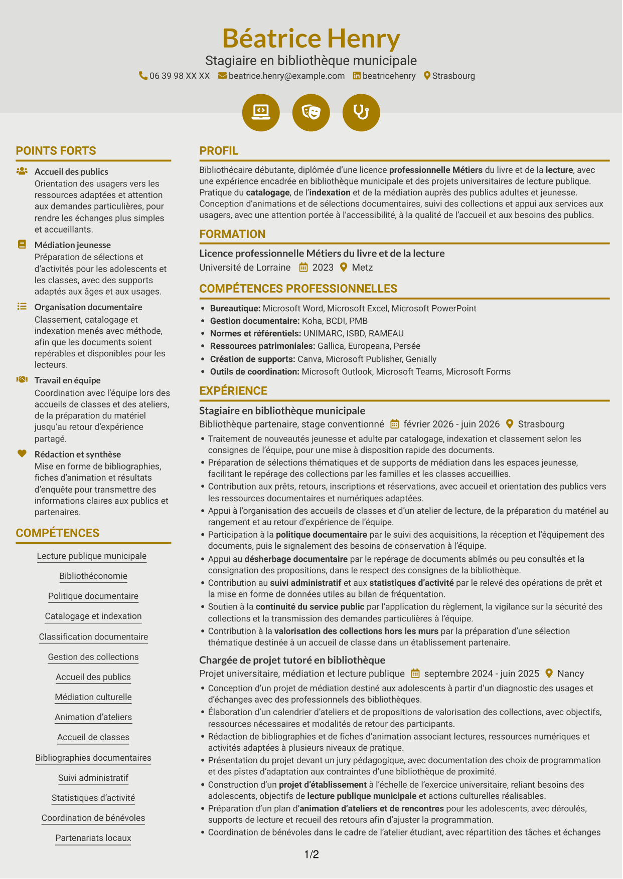 CV Dynamique (format à deux colonnes avec icônes) : Bibliothécaire - Lecture publique municipale, page 1
