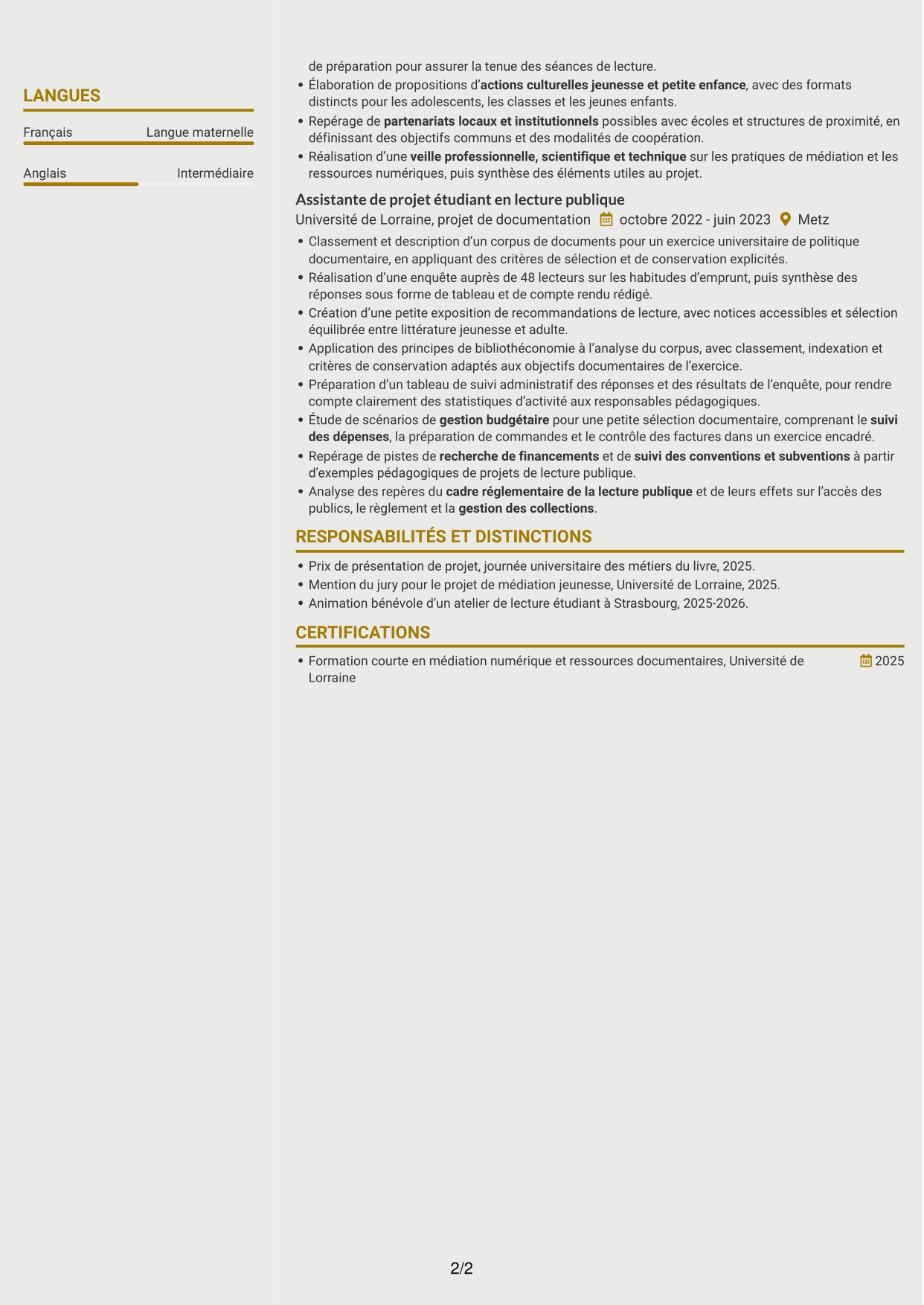 CV Dynamique (format à deux colonnes avec icônes) : Bibliothécaire - Lecture publique municipale, page 2