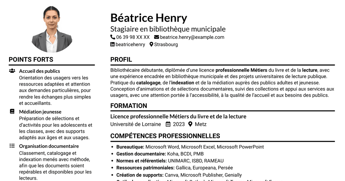 7 modèles de CV pour Bibliothécaire - Lecture publique municipale, avec exemples