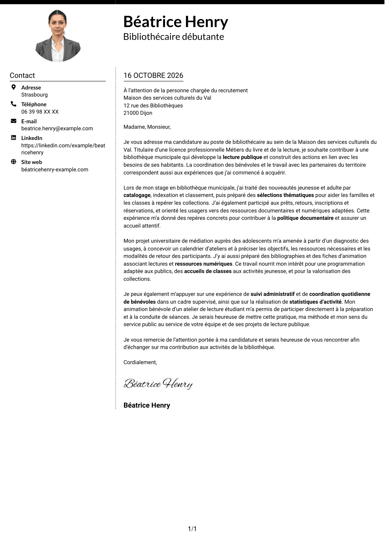 Lettre de motivation Moderne (format à deux colonnes avec photo à gauche et séparateur) : Bibliothécaire - Lecture publique municipale, page 1