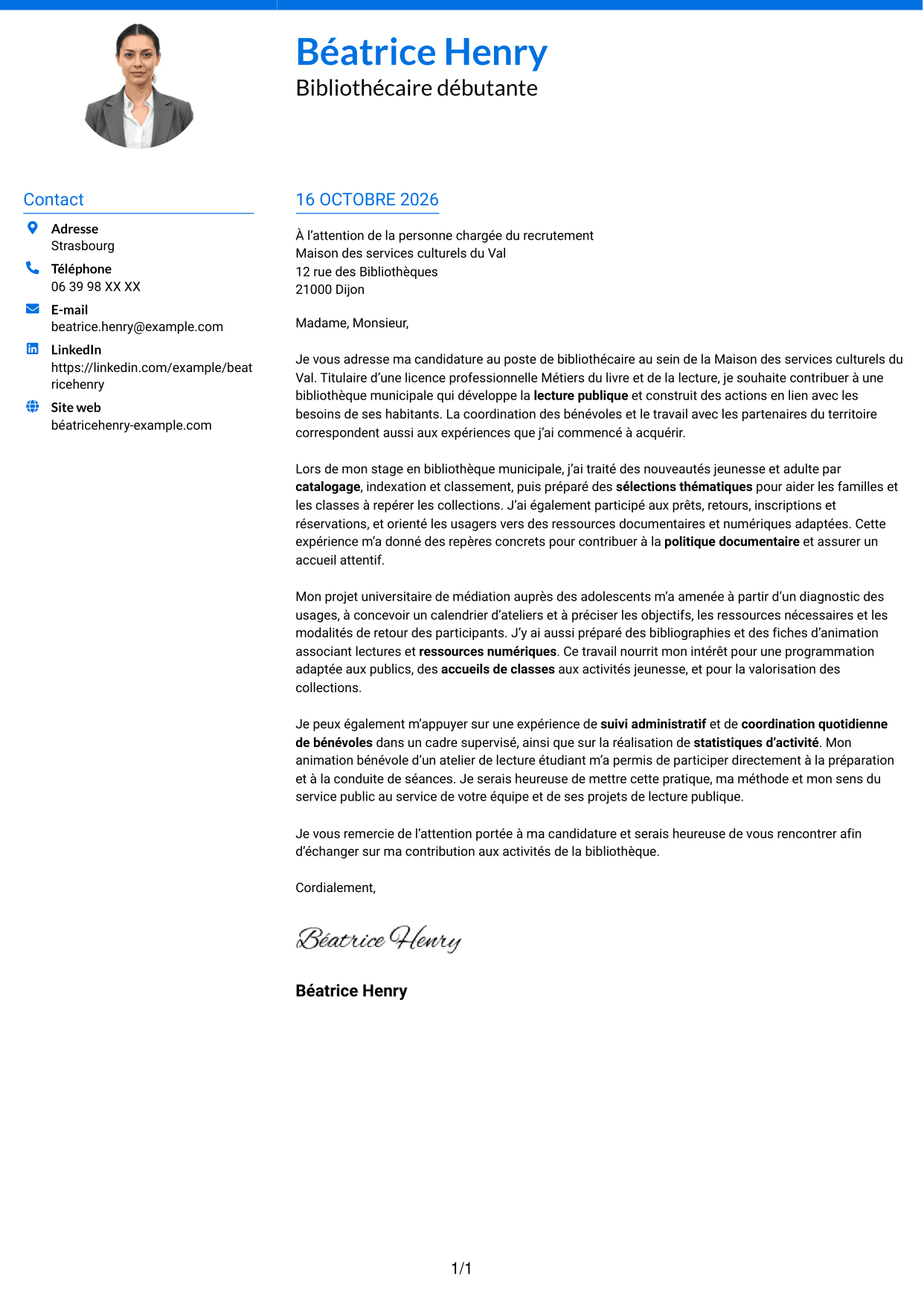 Lettre de motivation Audacieux (format à deux colonnes avec accents colorés et photo) : Bibliothécaire - Lecture publique municipale, page 1