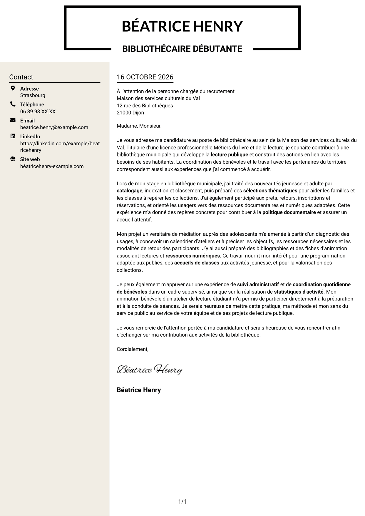 Lettre de motivation Fonceur (format à deux colonnes avec en-tête centré sans photo) : Bibliothécaire - Lecture publique municipale, page 1