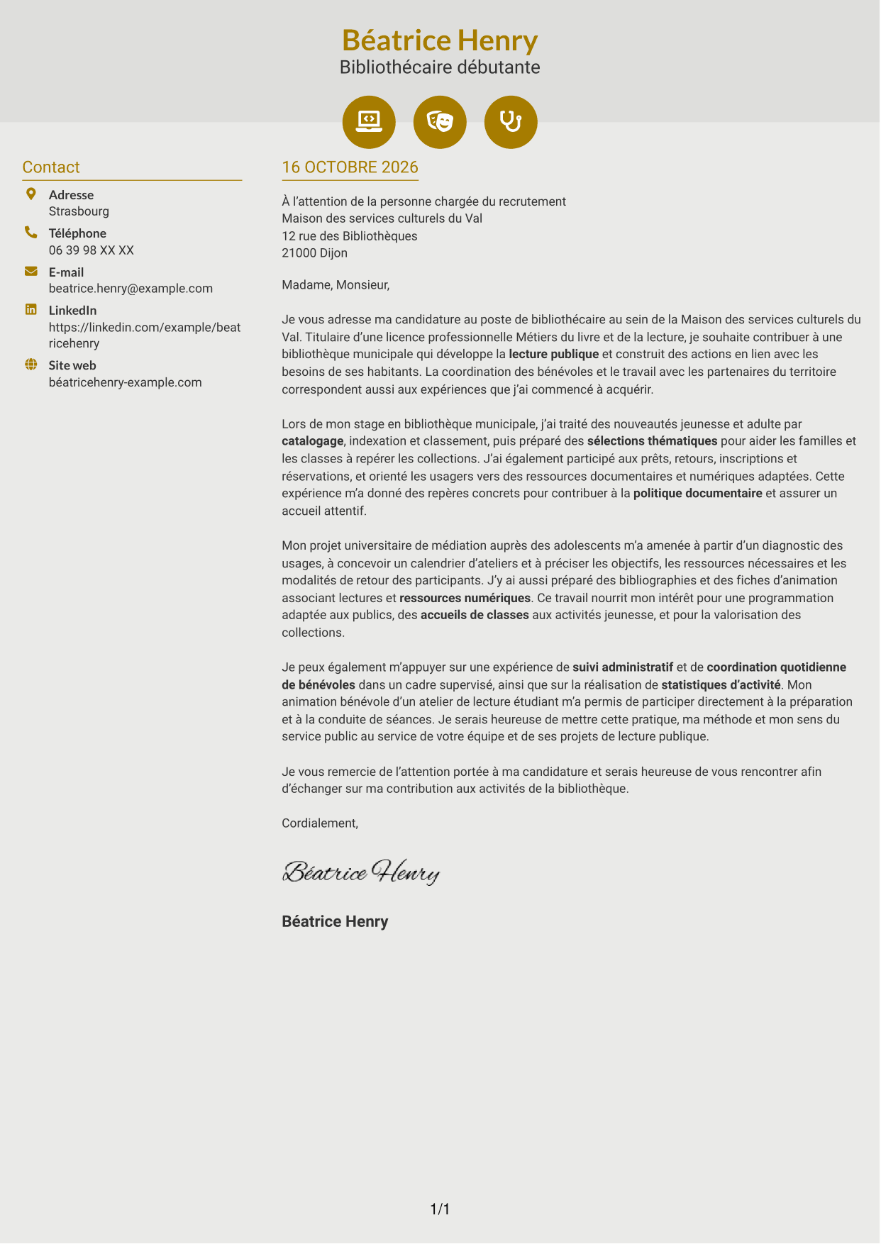 Lettre de motivation Dynamique (format à deux colonnes avec icônes) : Bibliothécaire - Lecture publique municipale, page 1