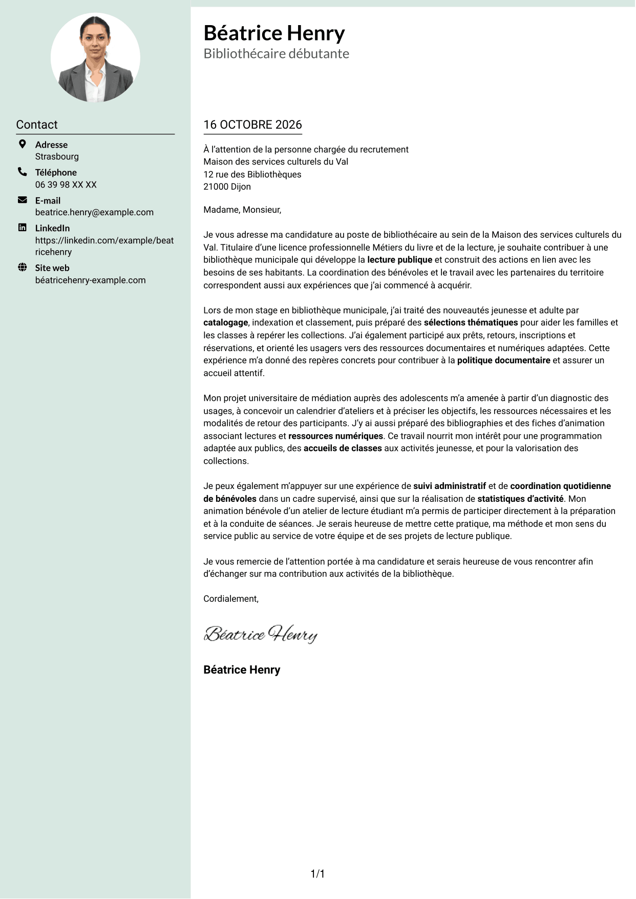 Lettre de motivation Cadre (format à colonne latérale douce avec photo arrondie) : Bibliothécaire - Lecture publique municipale, page 1