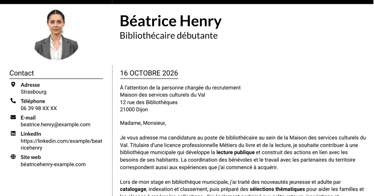 7 modèles de lettre de motivation pour Bibliothécaire - Lecture publique municipale, avec exemples