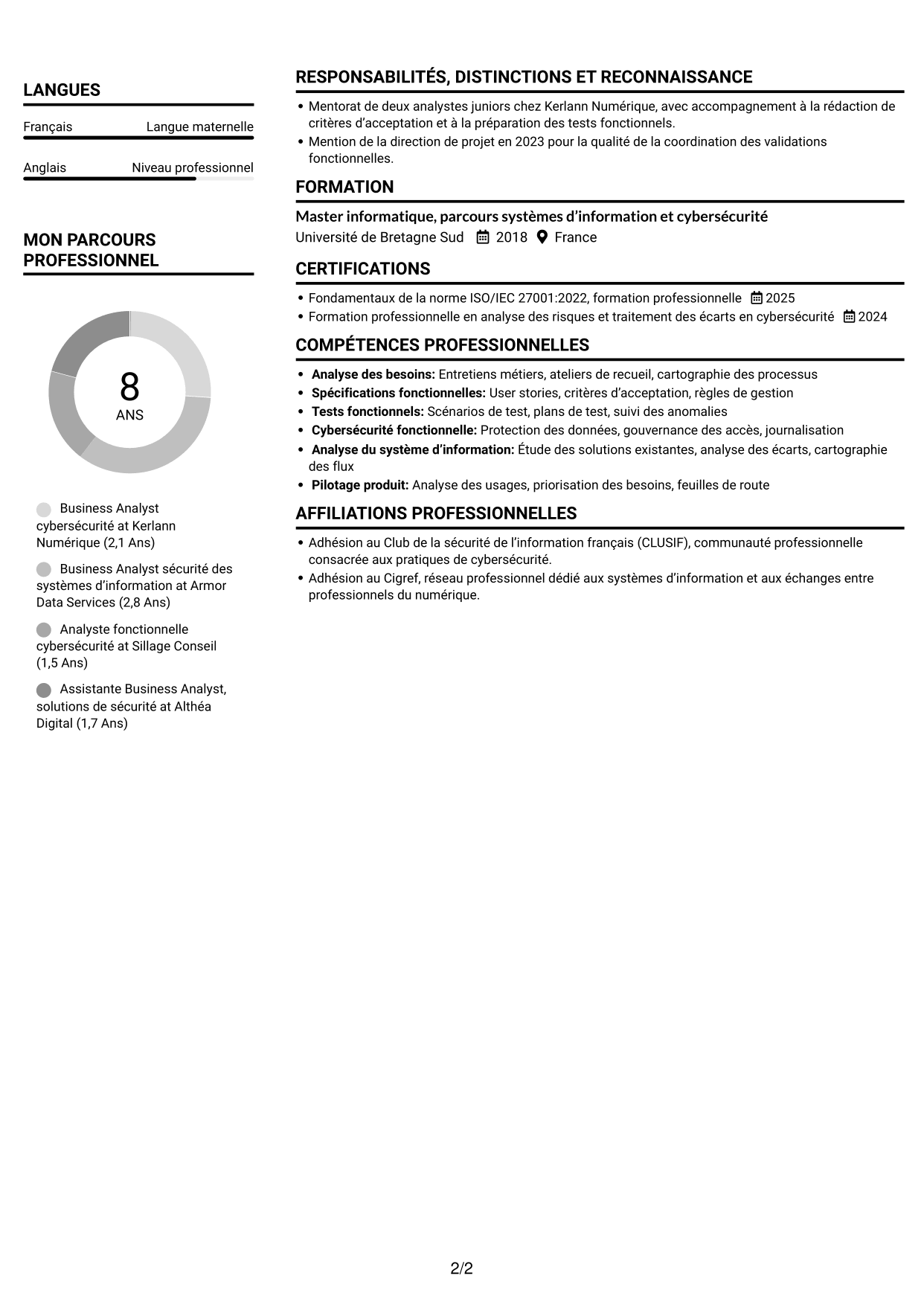 CV Compact (format sobre à deux colonnes avec photo) : Business Analyst - Cybersécurité, page 2