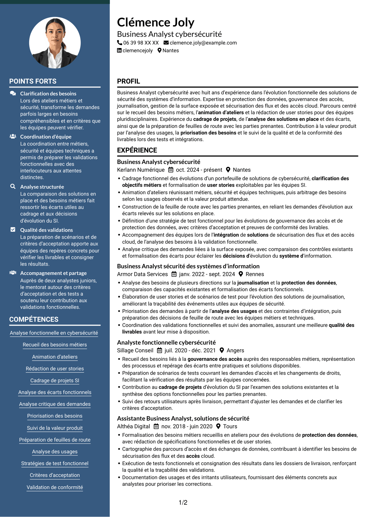 CV Élégant (format à colonne latérale colorée avec photo) : Business Analyst - Cybersécurité, page 1