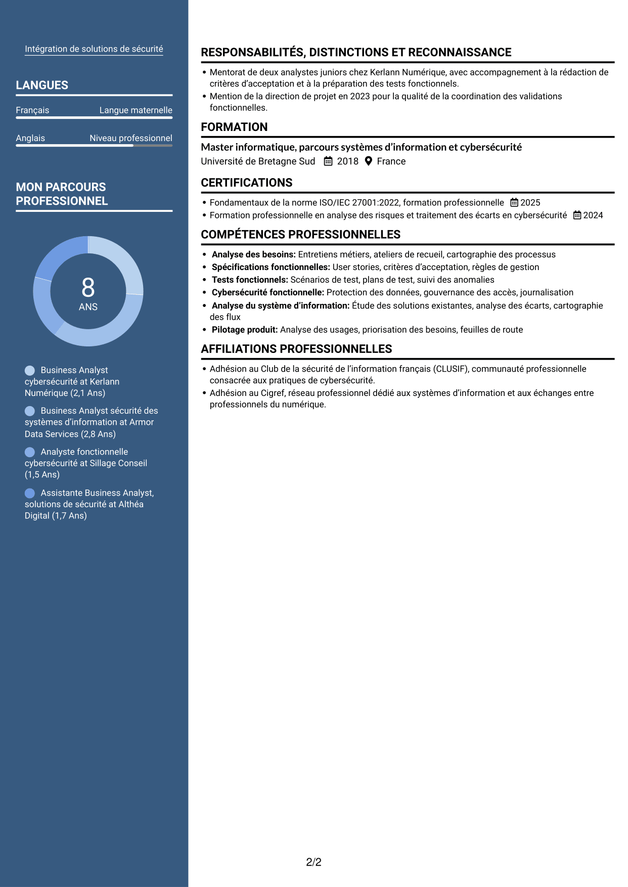 CV Élégant (format à colonne latérale colorée avec photo) : Business Analyst - Cybersécurité, page 2
