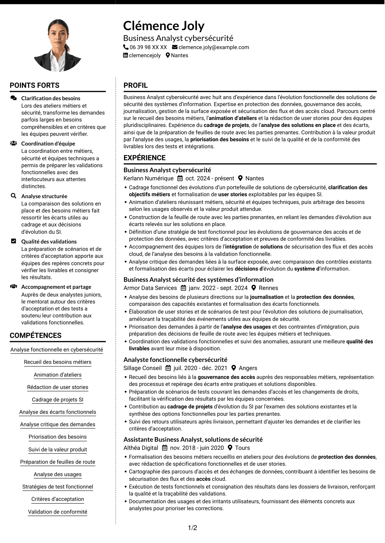 CV Moderne (format à deux colonnes avec photo à gauche et séparateur) : Business Analyst - Cybersécurité, page 1