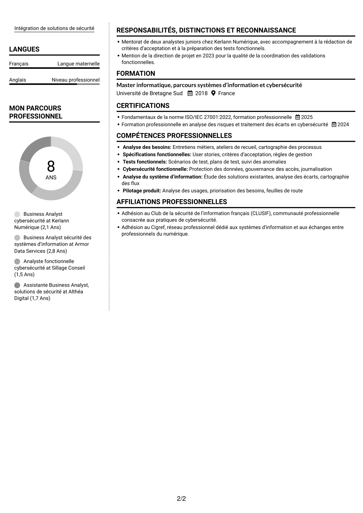 CV Moderne (format à deux colonnes avec photo à gauche et séparateur) : Business Analyst - Cybersécurité, page 2