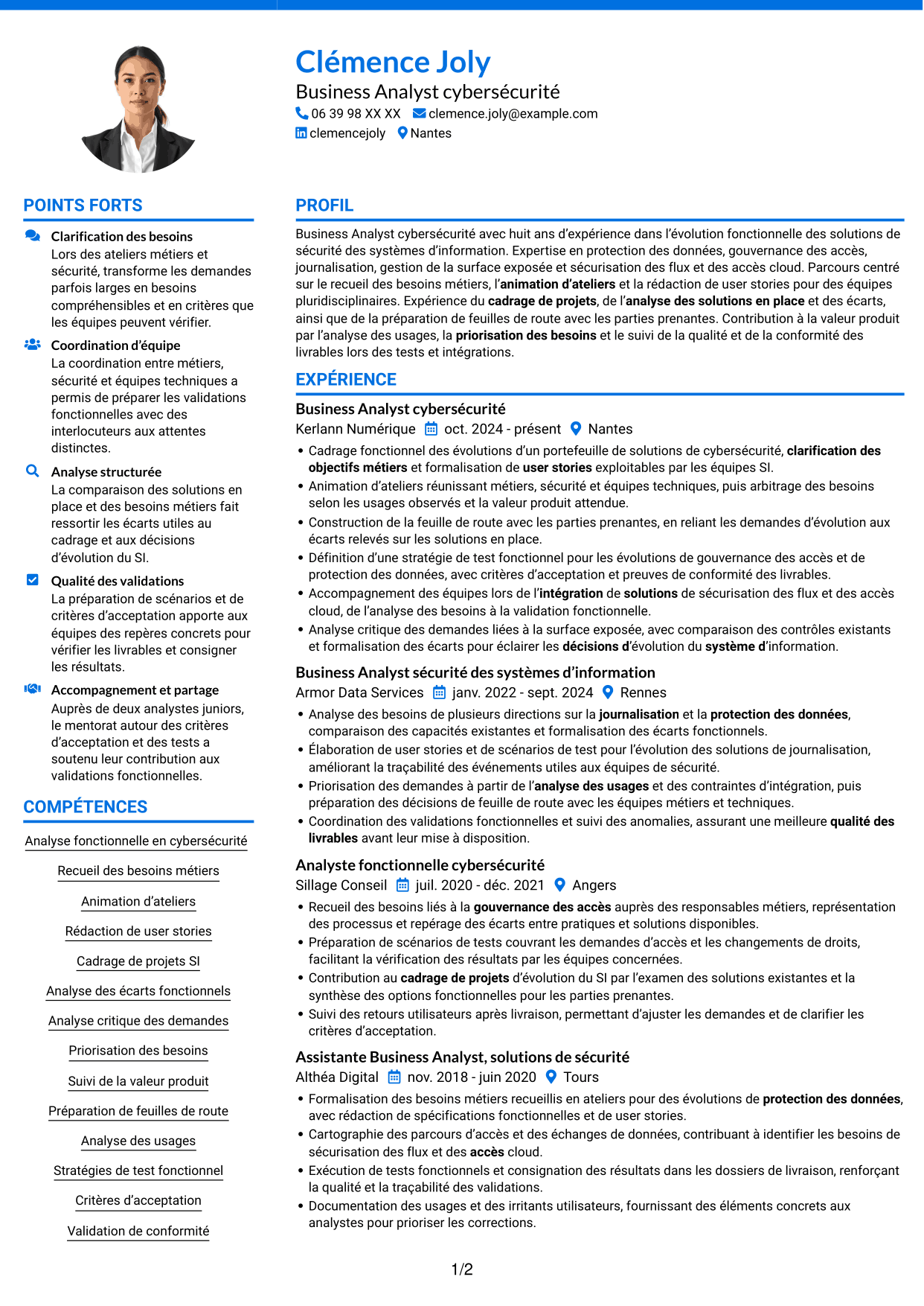 CV Audacieux (format à deux colonnes avec accents colorés et photo) : Business Analyst - Cybersécurité, page 1
