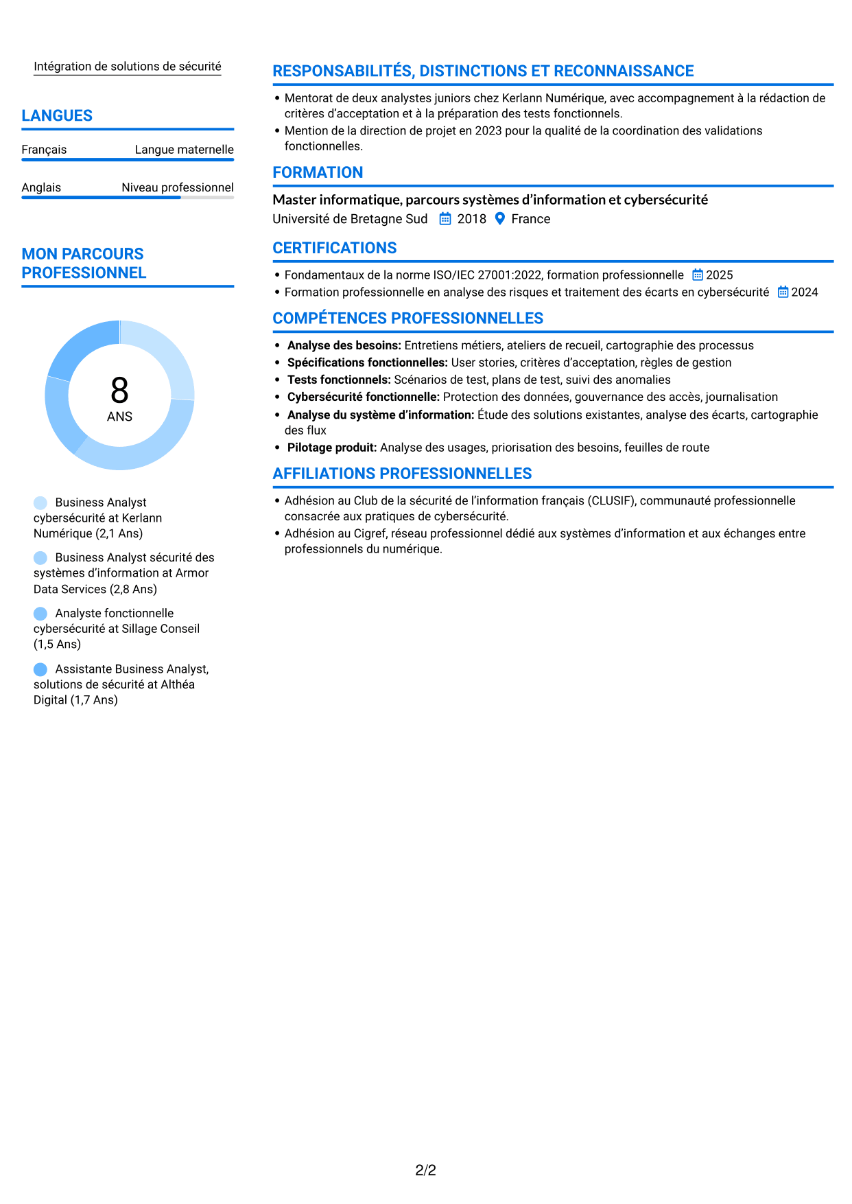 CV Audacieux (format à deux colonnes avec accents colorés et photo) : Business Analyst - Cybersécurité, page 2
