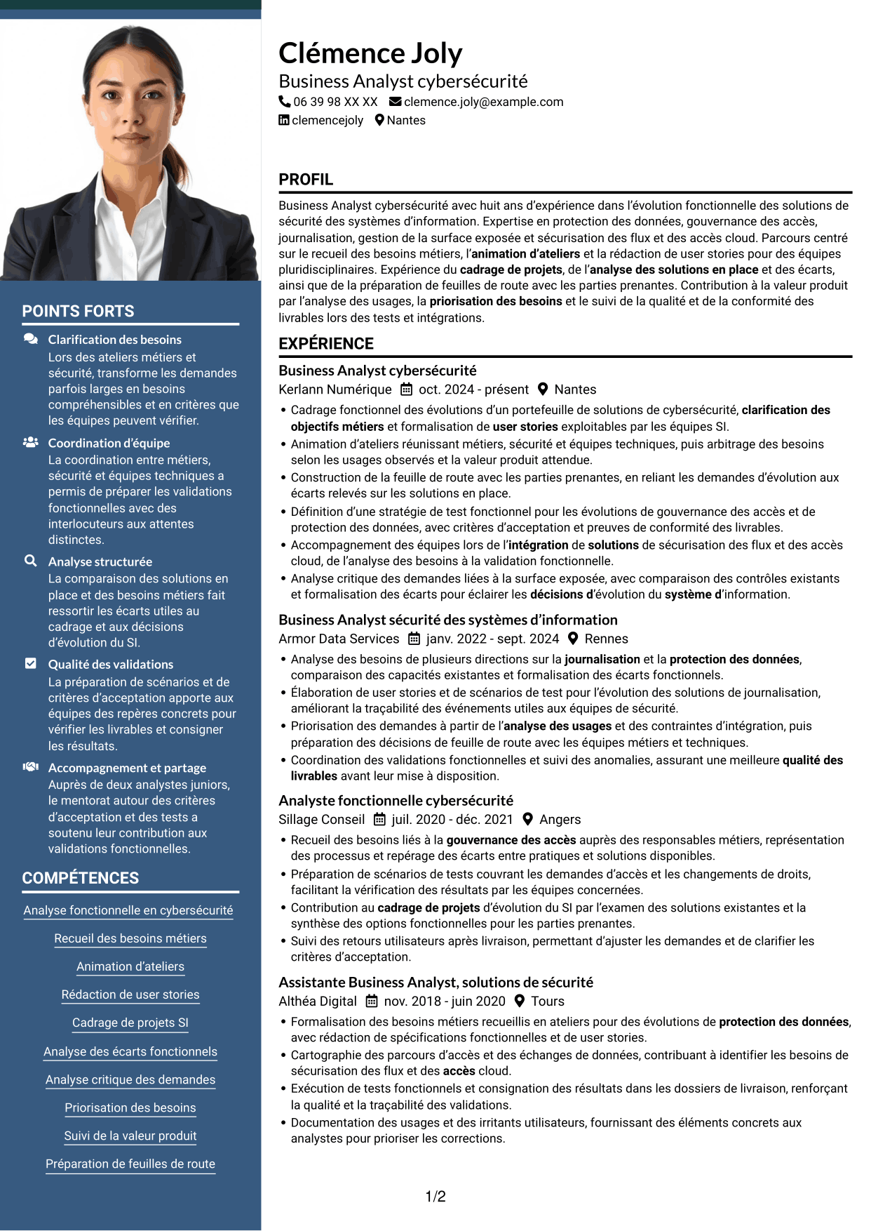 CV Signature (format à colonne latérale colorée avec grande photo) : Business Analyst - Cybersécurité, page 1