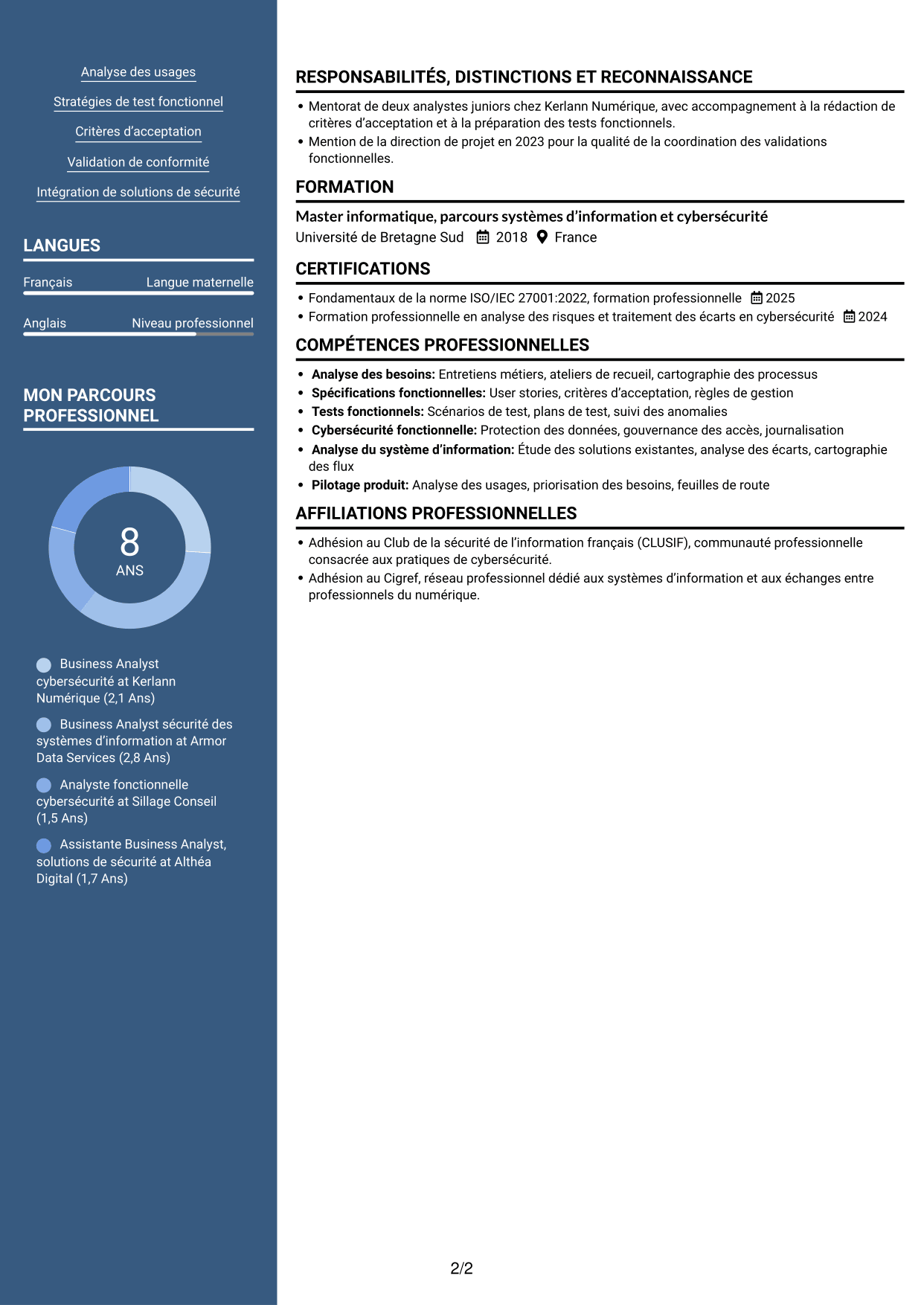 CV Signature (format à colonne latérale colorée avec grande photo) : Business Analyst - Cybersécurité, page 2