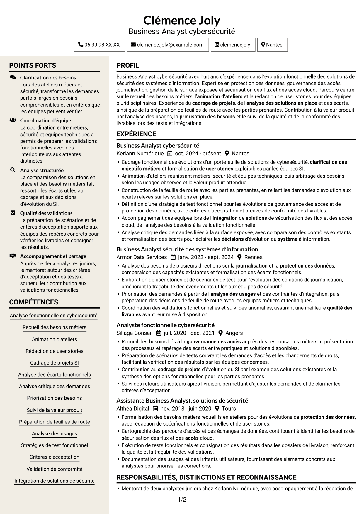 CV Fonceur (format à deux colonnes avec en-tête centré sans photo) : Business Analyst - Cybersécurité, page 1