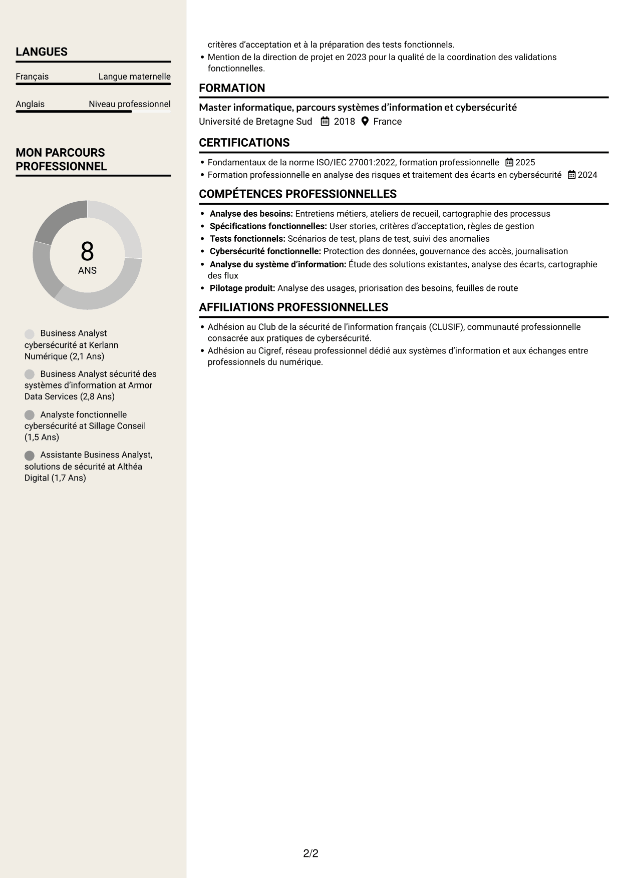 CV Fonceur (format à deux colonnes avec en-tête centré sans photo) : Business Analyst - Cybersécurité, page 2