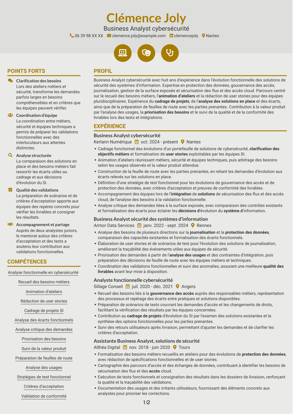 CV Dynamique (format à deux colonnes avec icônes) : Business Analyst - Cybersécurité, page 1