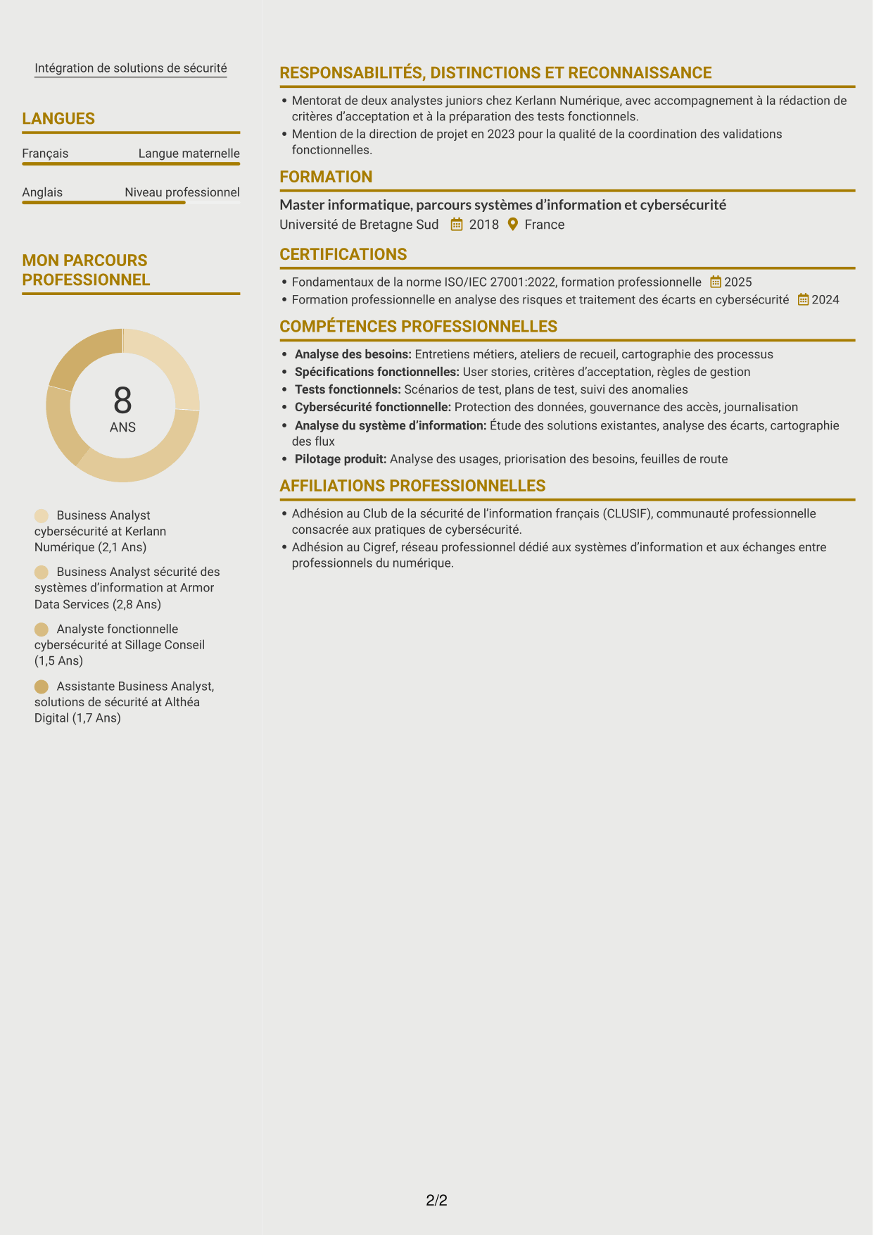CV Dynamique (format à deux colonnes avec icônes) : Business Analyst - Cybersécurité, page 2