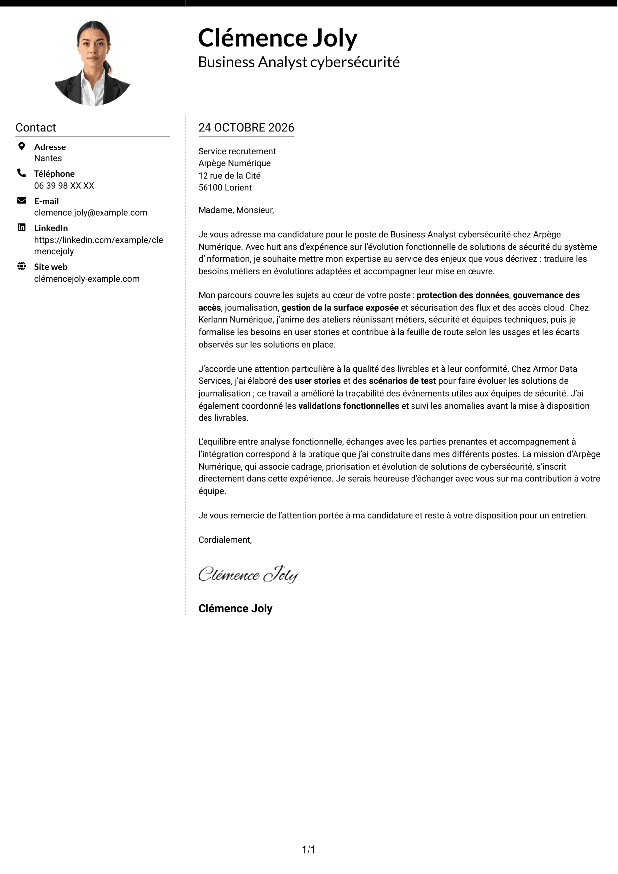 Lettre de motivation Moderne (format à deux colonnes avec photo à gauche et séparateur) : Business Analyst - Cybersécurité, page 1