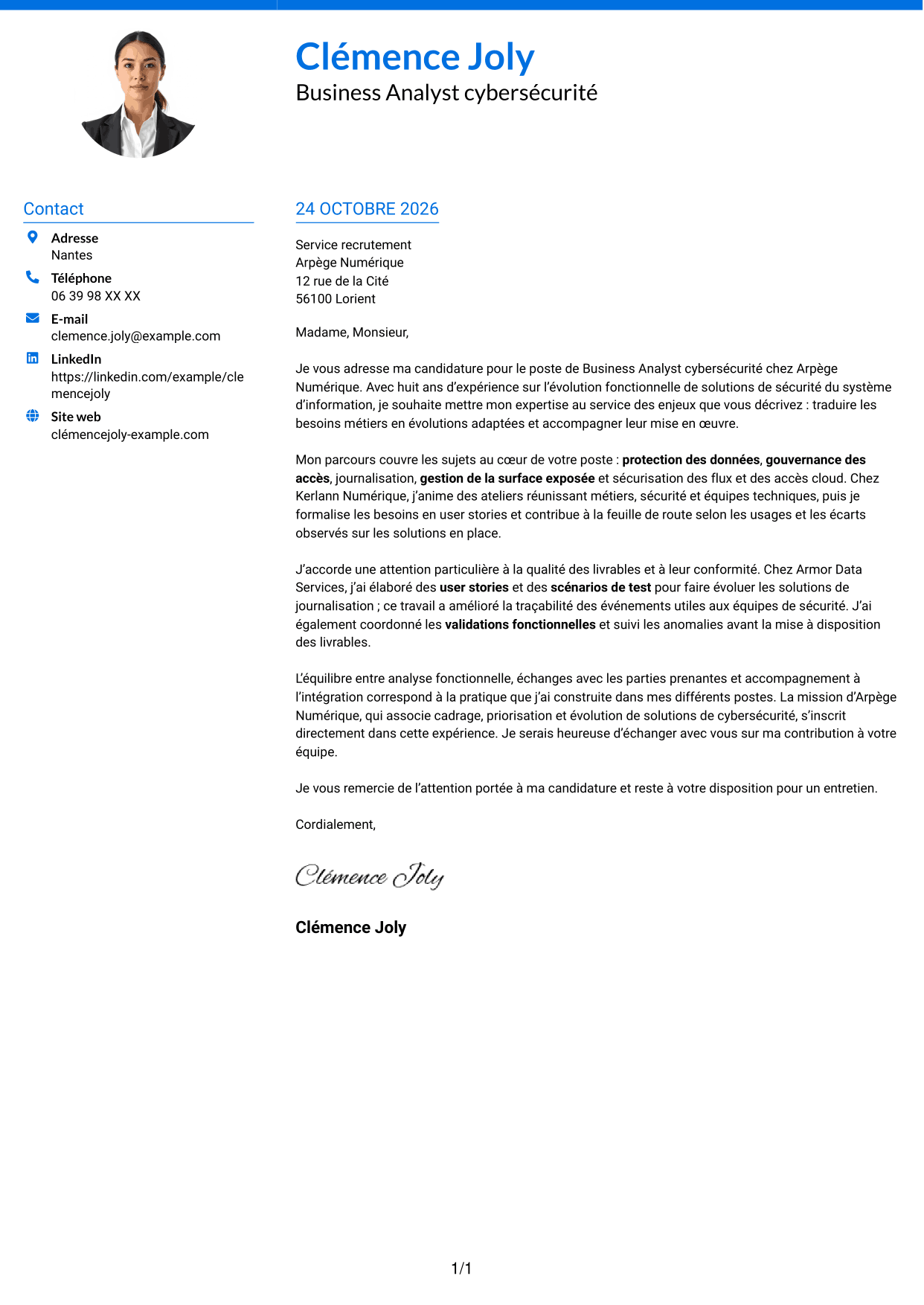 Lettre de motivation Audacieux (format à deux colonnes avec accents colorés et photo) : Business Analyst - Cybersécurité, page 1