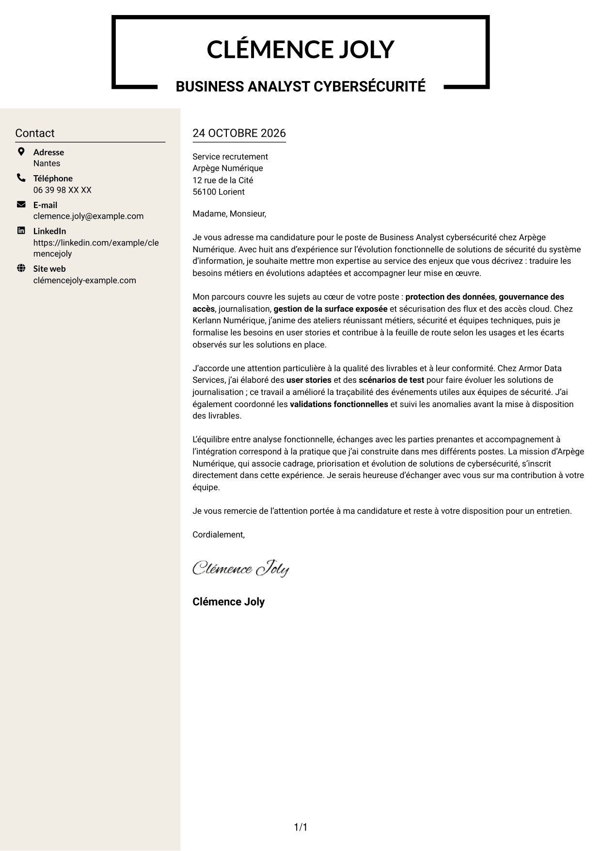 Lettre de motivation Fonceur (format à deux colonnes avec en-tête centré sans photo) : Business Analyst - Cybersécurité, page 1