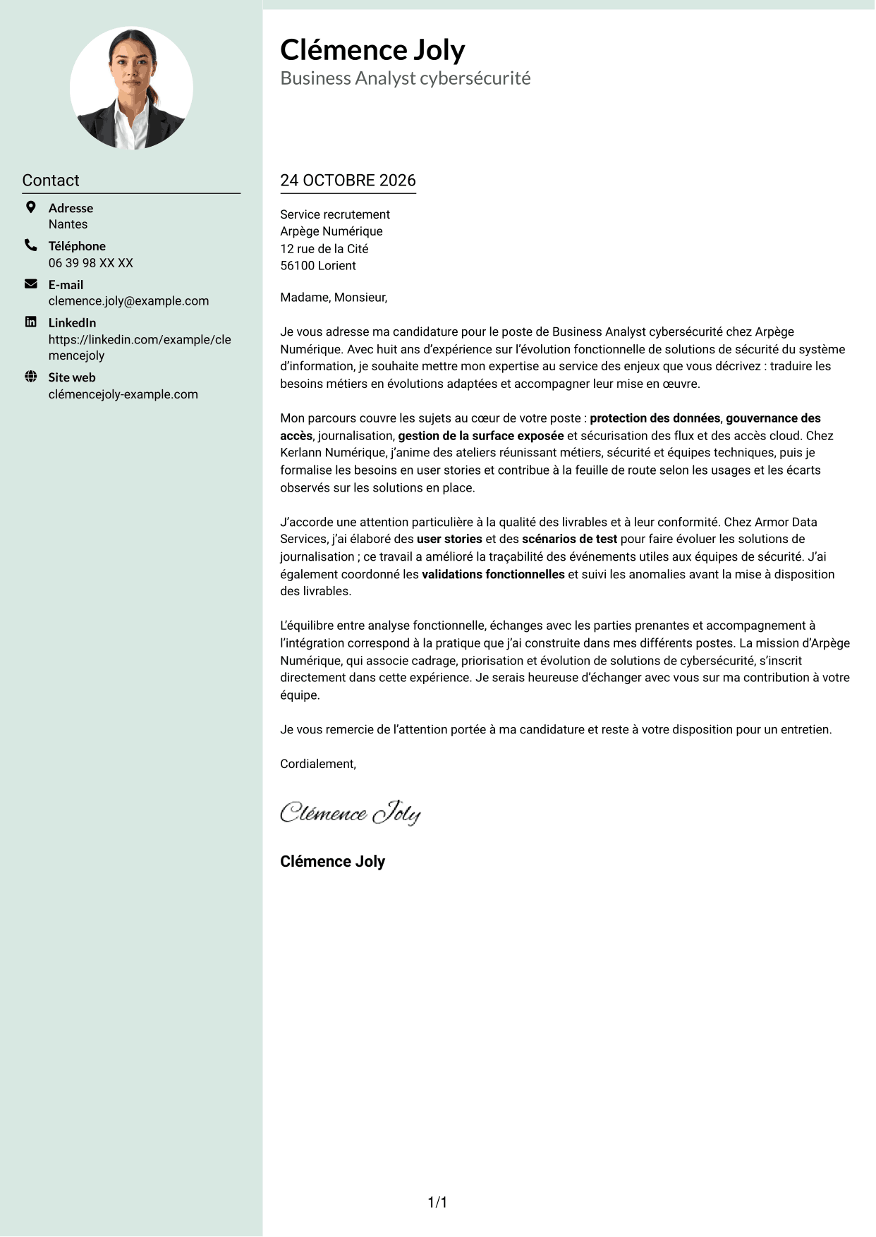 Lettre de motivation Cadre (format à colonne latérale douce avec photo arrondie) : Business Analyst - Cybersécurité, page 1