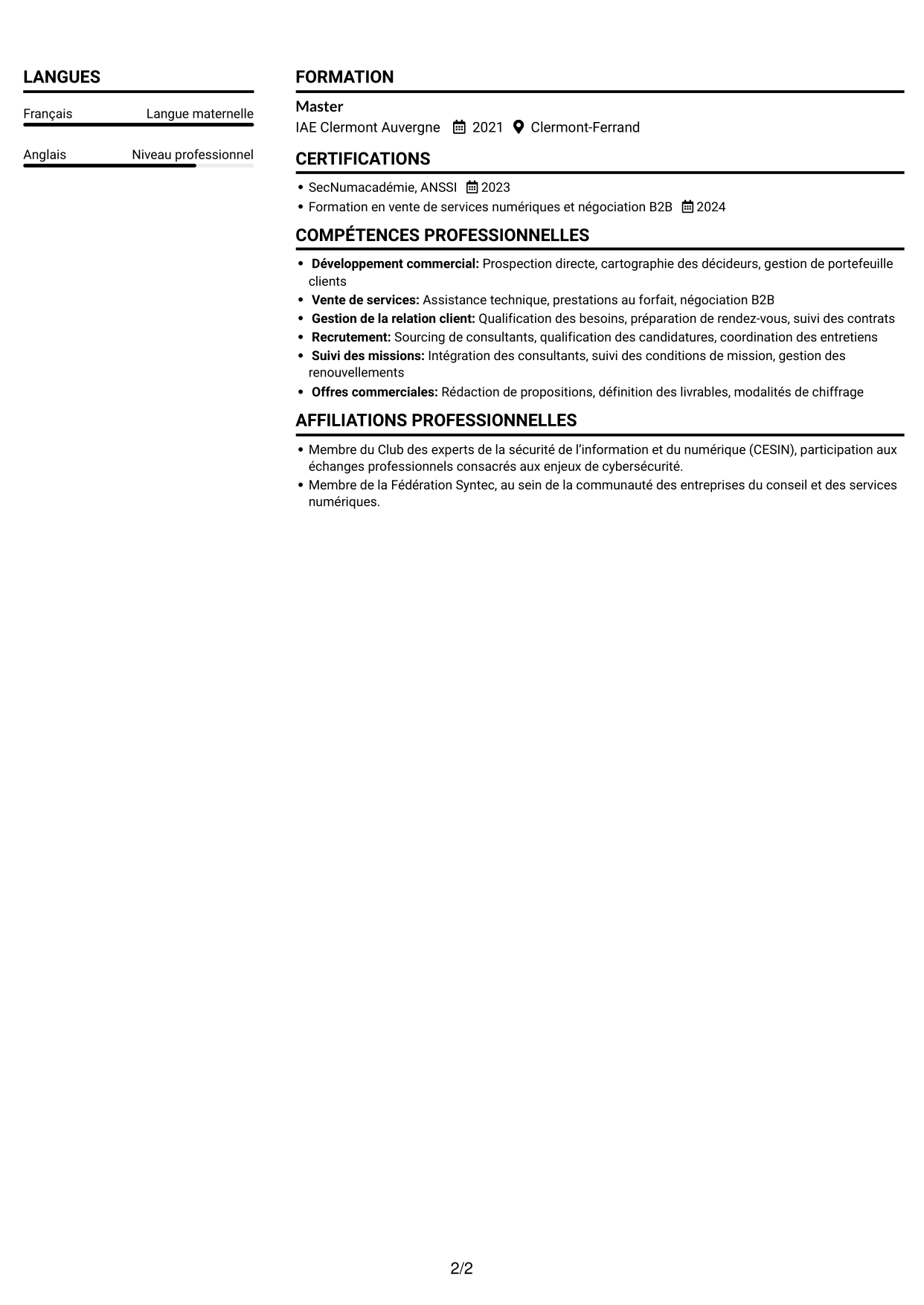 CV Compact (format sobre à deux colonnes avec photo) : Business Manager - Cybersécurité, page 2