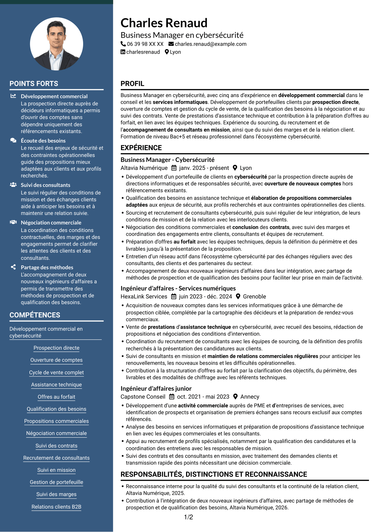 CV Élégant (format à colonne latérale colorée avec photo) : Business Manager - Cybersécurité, page 1