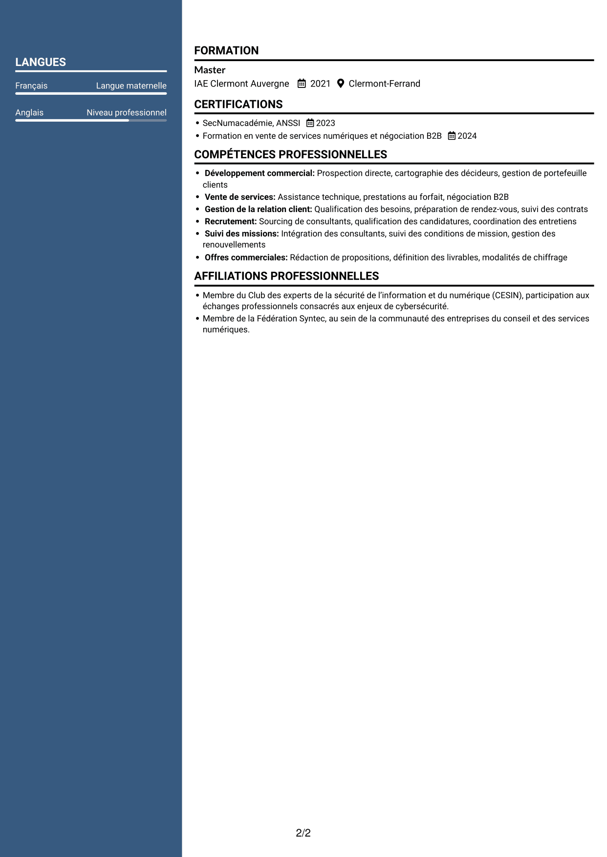 CV Élégant (format à colonne latérale colorée avec photo) : Business Manager - Cybersécurité, page 2