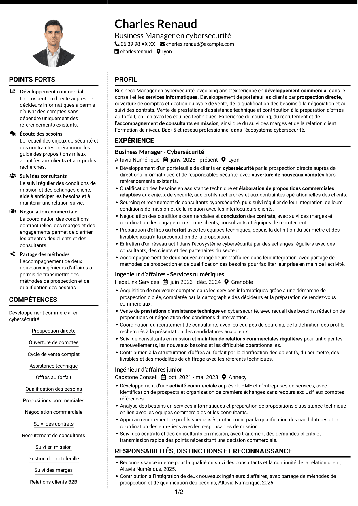 CV Moderne (format à deux colonnes avec photo à gauche et séparateur) : Business Manager - Cybersécurité, page 1