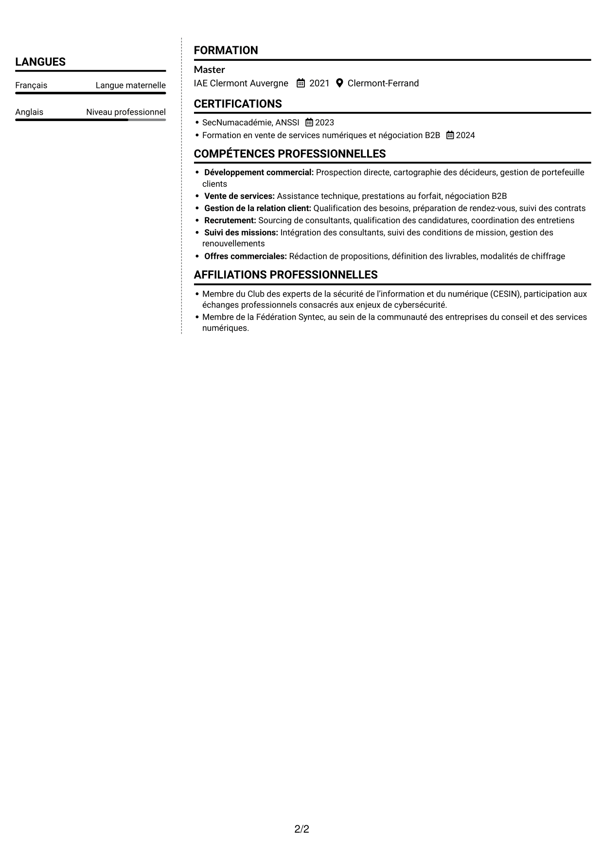 CV Moderne (format à deux colonnes avec photo à gauche et séparateur) : Business Manager - Cybersécurité, page 2