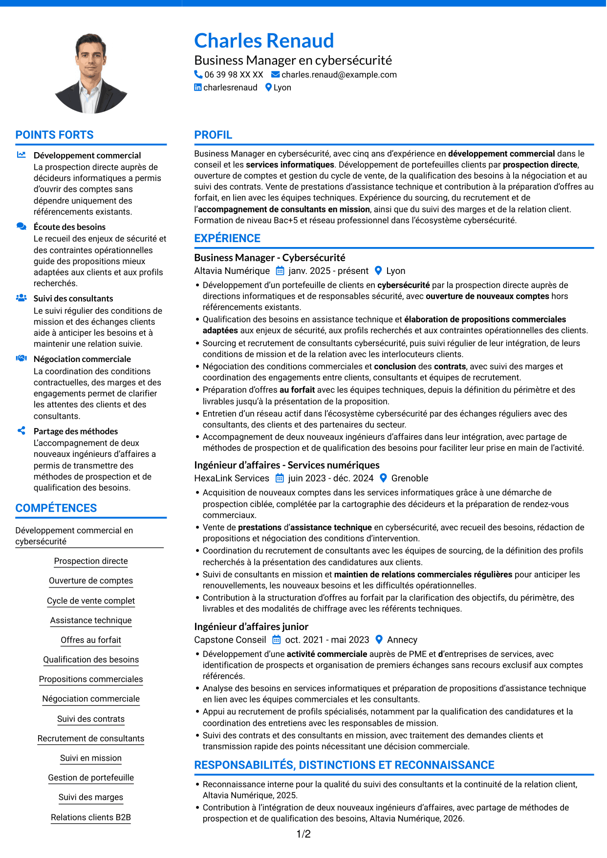 CV Audacieux (format à deux colonnes avec accents colorés et photo) : Business Manager - Cybersécurité, page 1